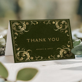 ヴィンテージフレームオリーブグリーン結婚金ゴールド サンキューカード