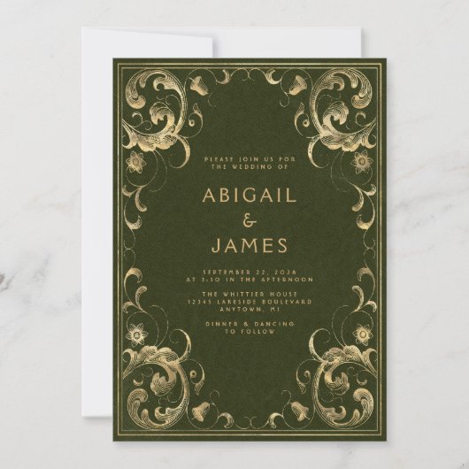 ヴィンテージフレームオリーブグリーン結婚金ゴールド 招待状 (正面)