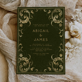 ヴィンテージフレームオリーブグリーン結婚金ゴールド 招待状