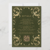 ヴィンテージフレームオリーブグリーン金ゴールドQRコー結婚ド 招待状 (裏面)