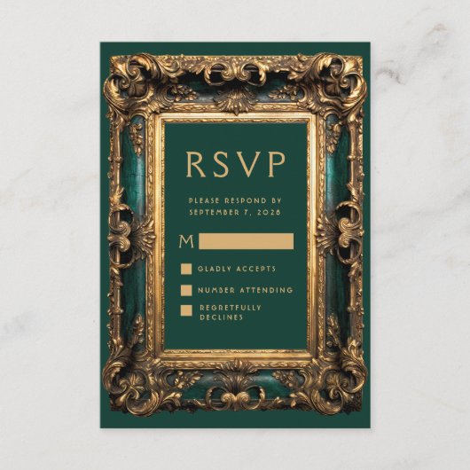 ヴィンテージフレームグリーン金ゴールドウェディングRSVP エンクロージャーカード (正面)
