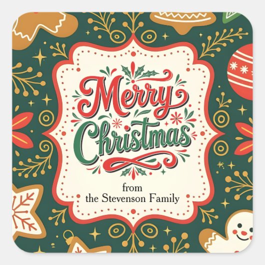 ヴィンテージフレームジンジャーブレッドCookieメリークリスマス スクエアシール (正面)