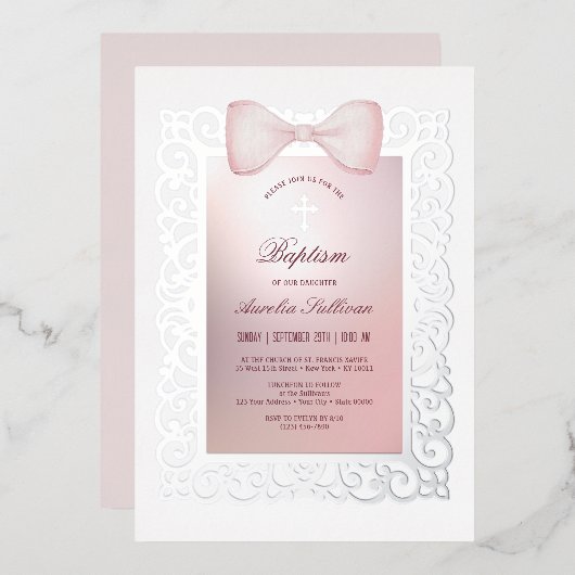 ヴィンテージフレームピンクバプテスマ 箔招待状 (正面/裏面)