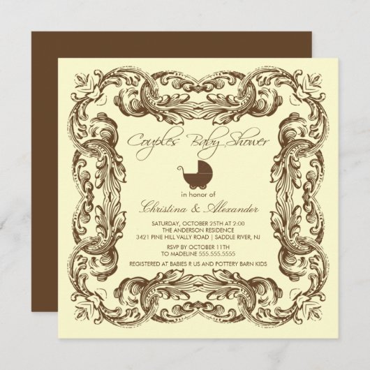 ヴィンテージフレームブラウンはベビーシャワーの招待状をつなぎます 招待状 (正面/裏面)