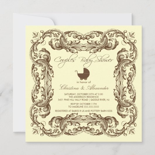 ヴィンテージフレームブラウンはベビーシャワーの招待状をつなぎます 招待状 (正面)