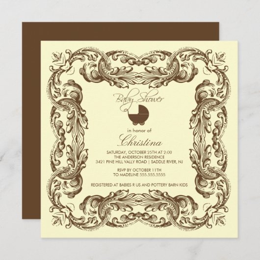 ヴィンテージフレームブラウンイエローベビーシャワー招待状 招待状 (正面/裏面)
