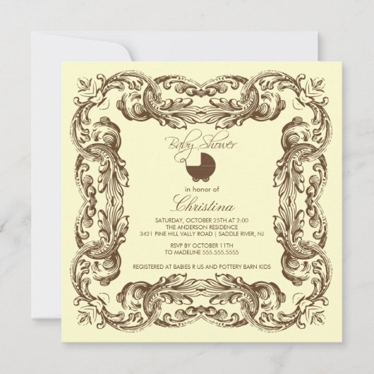 ヴィンテージフレームブラウンイエローベビーシャワー招待状 招待状 (正面)