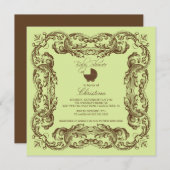 ヴィンテージフレームブラウングリーンベビーシャワー招待状 招待状 (正面/裏面)