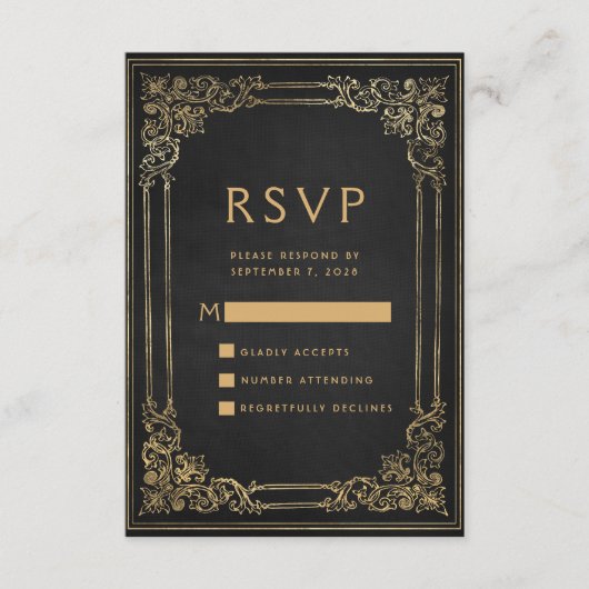 ヴィンテージフレームブラック金ゴールドウェディングRSVP エンクロージャーカード (正面)