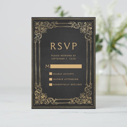 ヴィンテージフレームブラック金ゴールドウェディングRSVP エンクロージャーカード (スタンド正面)