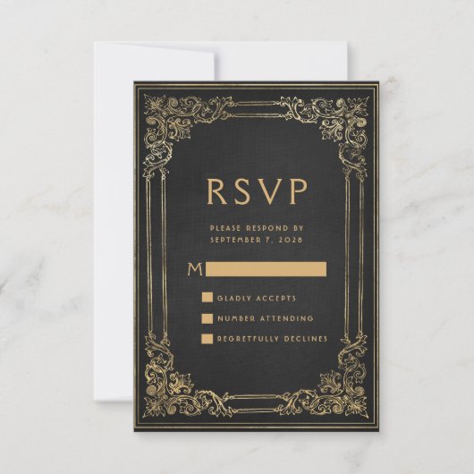 ヴィンテージフレームブラック金ゴールドウェディングRSVP 出欠カード (正面)