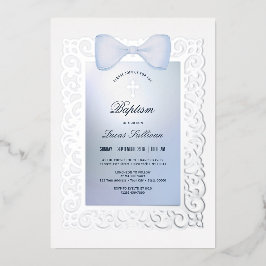 ヴィンテージフレームブルーボウバプテスマ 箔招待状