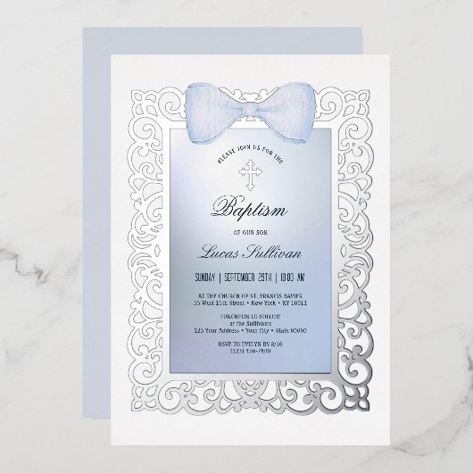 ヴィンテージフレームブルーボウバプテスマ 箔招待状 (正面/裏面)