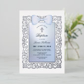 ヴィンテージフレームブルーボウバプテスマ 箔招待状 (立ち正面)