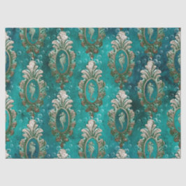 ヴィンテージフレーム付きシーホースのライトグリーンのデコパージュ 薄葉紙