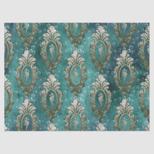 ヴィンテージフレーム付きシーホースのライトグリーンのデコパージュ 薄葉紙 (正面)