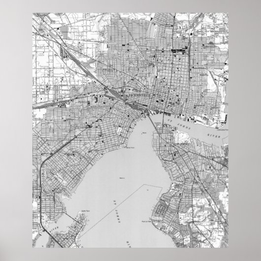 ヴィンテージフロリダ州ジャクソンビルの地図（1950年） BW ポスター (正面)