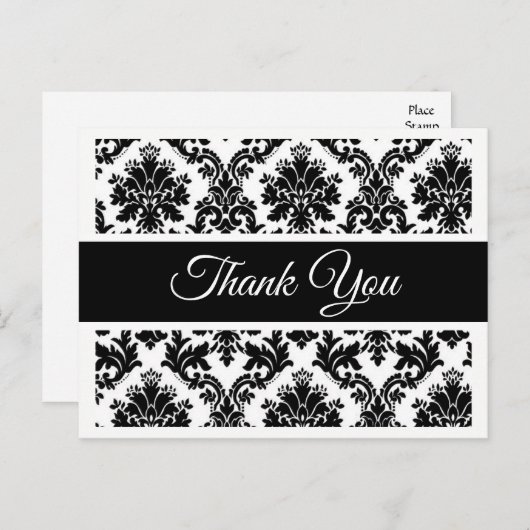 ヴィンテージフローラありがとう白黒ダマスク ポストカード (正面/裏面)