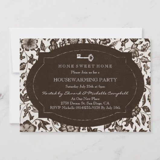 ヴィンテージフローラおよび鍵引っ越し祝いパーティーパーティー招待状 招待状 (正面)