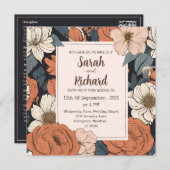ヴィンテージフローラとエレガントピーチ&ネイビーデザイン 招待状 (正面/裏面)