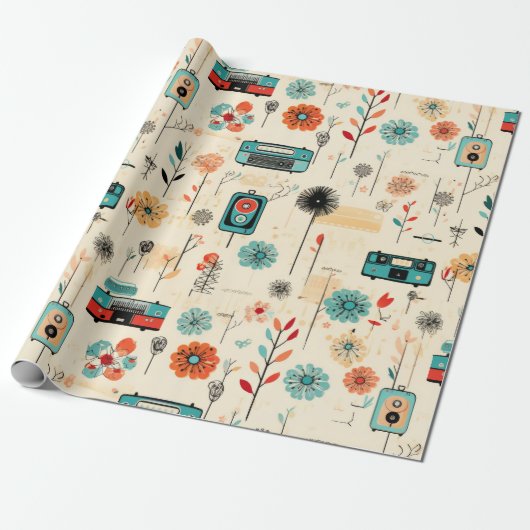ヴィンテージフローラとカメラパターン(2) ラッピングペーパー (アンロールド)