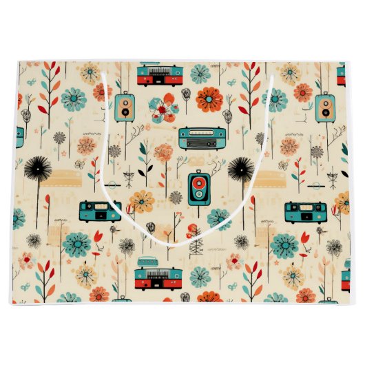 ヴィンテージフローラとカメラパターン(2) ラージペーパーバッグ (正面)