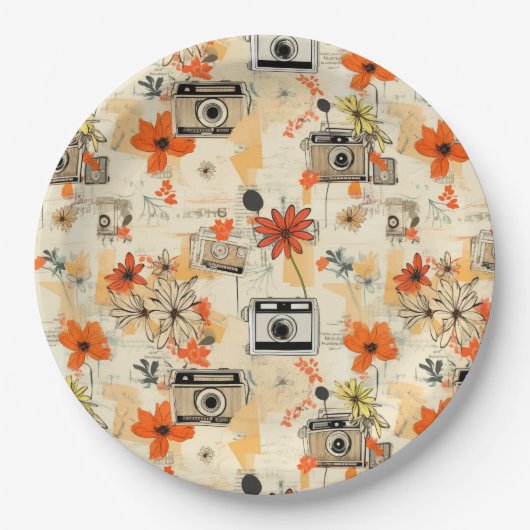 ヴィンテージフローラとカメラパターン(5) ペーパープレート (正面)