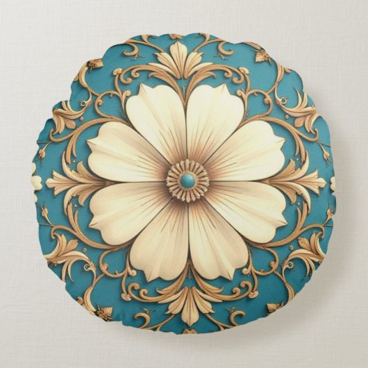 ヴィンテージフローラと金ゴールドトリム ラウンドクッション (正面)