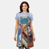 ヴィンテージフローラと青パッチワークキルト エプロン (着用した状態)