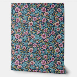 ヴィンテージフローラのダスティラベンダーとティール（緑がかった色） 壁紙