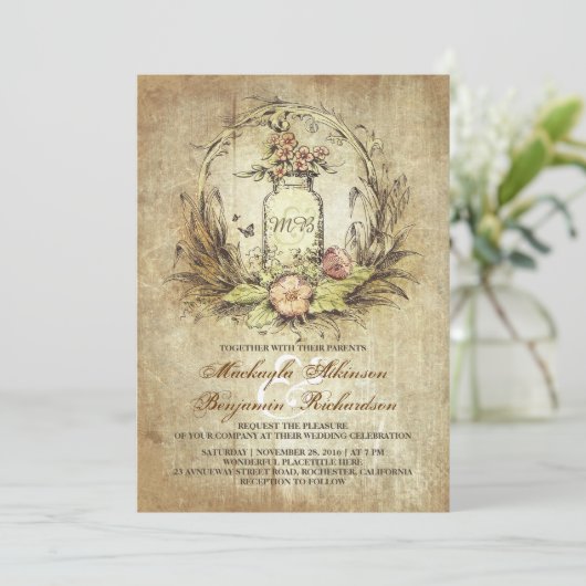 ヴィンテージフローラの瓶の結婚素朴 招待状 (スタンド正面)