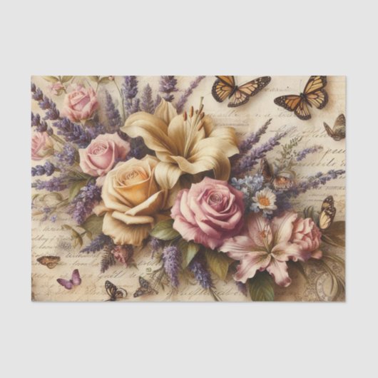 ヴィンテージフローラの花束と蝶のデコページ 薄葉紙 (正面)