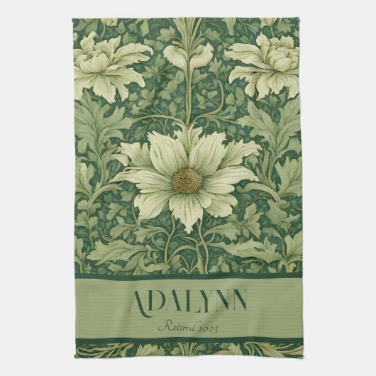 ヴィンテージフローラの退役祝いプレゼントお母さんグリーン キッチンタオル (縦)