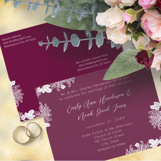 ヴィンテージフローラはプラム結婚の インビテーションポストカード