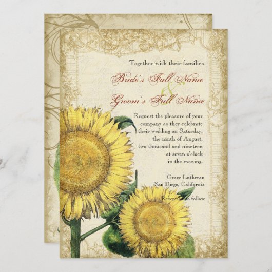 ヴィンテージフローラひまわり – 秋秋の結婚式 招待状 (正面/裏面)