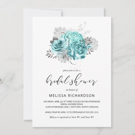 ヴィンテージフローラアクアシルバーブライダルシャワー 招待状 (正面)