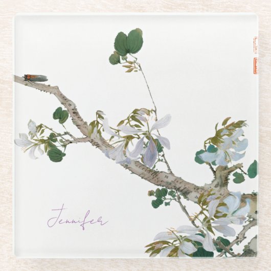 ヴィンテージフローラアジアスタイルリトグラフ名 ガラスコースター (正面)