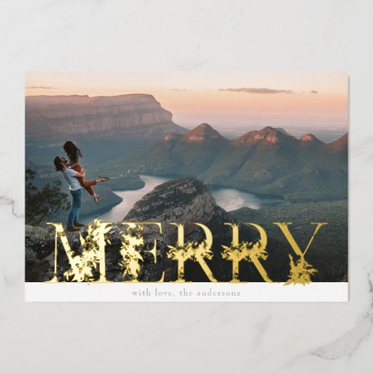 ヴィンテージフローラアルファベットメリークリスマスフォト金ゴールド 箔シーズンカード (正面)