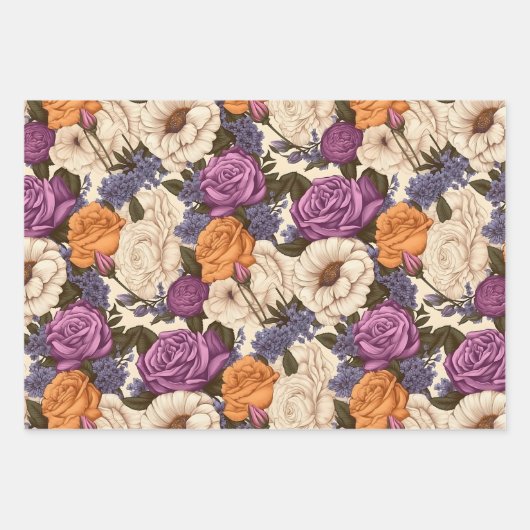 ヴィンテージフローラアンティークオレンジパープルクリームフラワー ラッピングペーパーシート (正面3)
