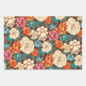 ヴィンテージフローラアンティークオレンジブルーピンクの花 ラッピングペーパーシート (正面2)