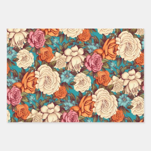 ヴィンテージフローラアンティークオレンジブルーピンクの花 ラッピングペーパーシート (正面2)