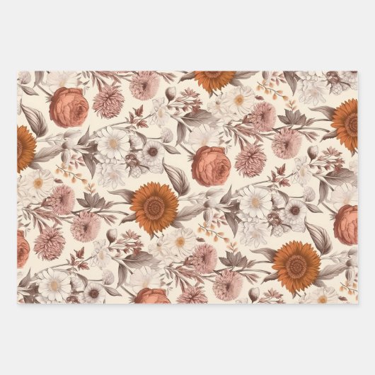 ヴィンテージフローラアンティーククリーム赤面ボホワイルドフラワー ラッピングペーパーシート (正面2)