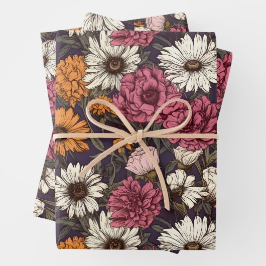 ヴィンテージフローラアンティークネイビーブルーピンクの花 ラッピングペーパーシート (インサイチュ)