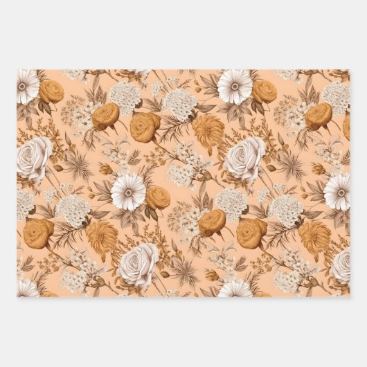 ヴィンテージフローラアンティークピーチクリームボホワイルドフラワー ラッピングペーパーシート (正面3)