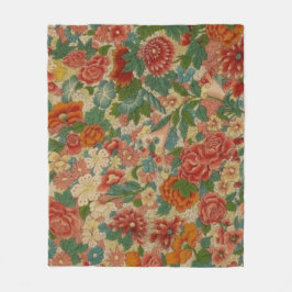 ヴィンテージフローラアンティーク(赤、緑、金ゴールド) フリースブランケット