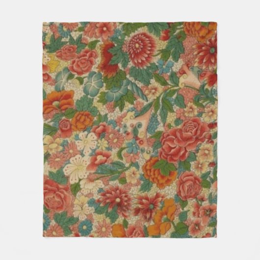 ヴィンテージフローラアンティーク(赤、緑、金ゴールド) フリースブランケット (正面)