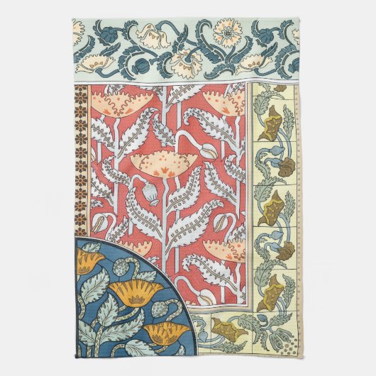 ヴィンテージフローラアールヌーボーポピーの花 キッチンタオル (縦)