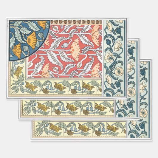 ヴィンテージフローラアールヌーボーポピーの花 ラッピングペーパーシート (セット)