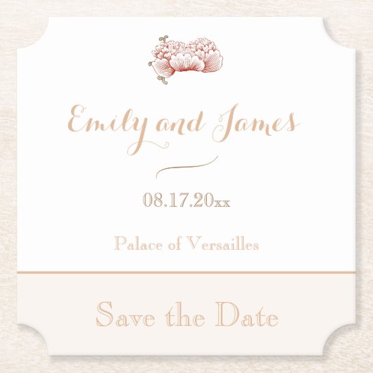 ヴィンテージフローラアールヌーボー結婚式の日付を保存 ペーパーコースター (正面)
