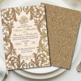 ヴィンテージフローライスラーム・ベージュと金ゴールド結婚ズ 招待状